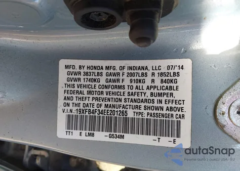 2014 Honda Civic Hybrid from USA, damaged, VIN 19XFB4F34EE201265